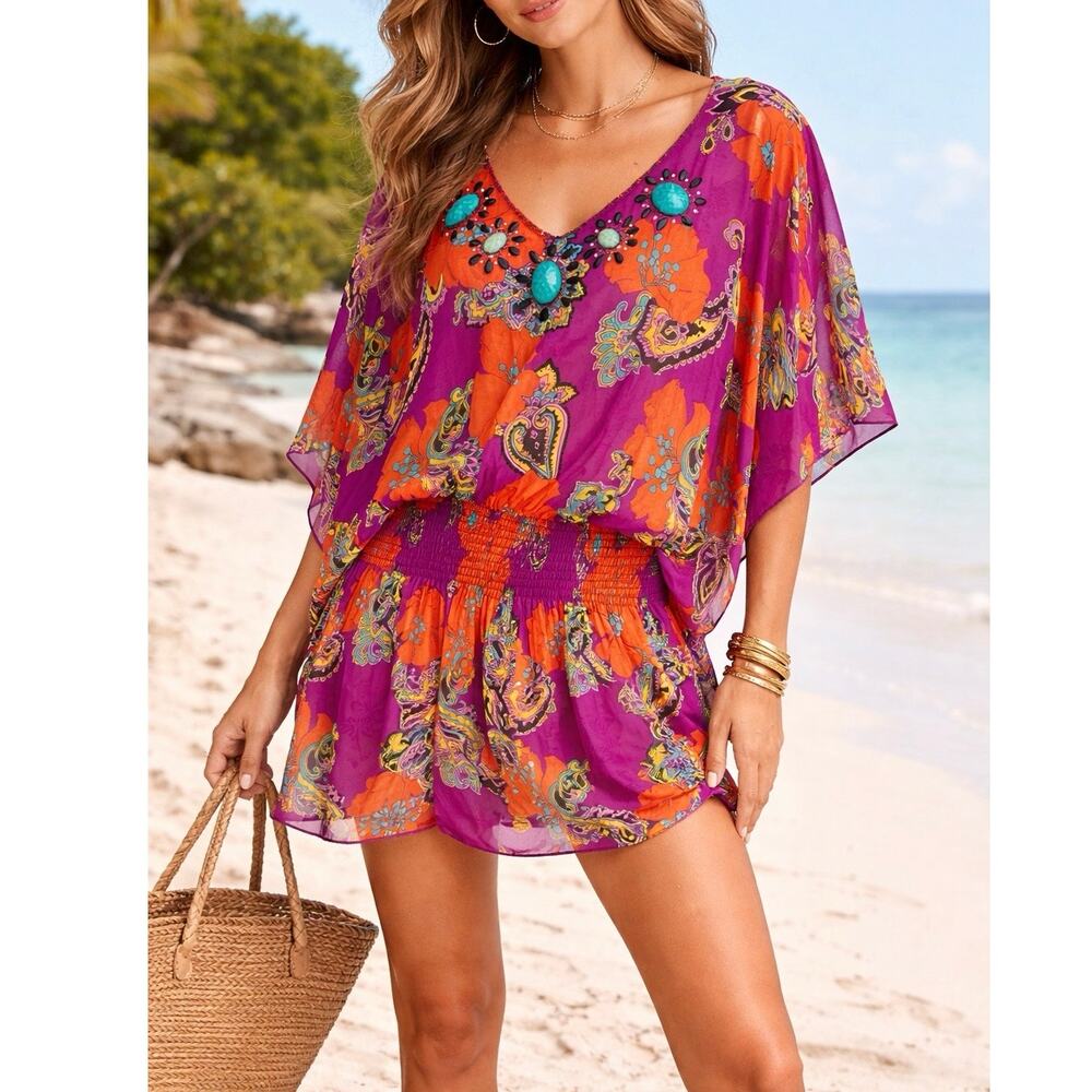 Y2K Victorias Secret M/L Boho Floral Turquoise Look Jeweled Kaftan Swim Cover